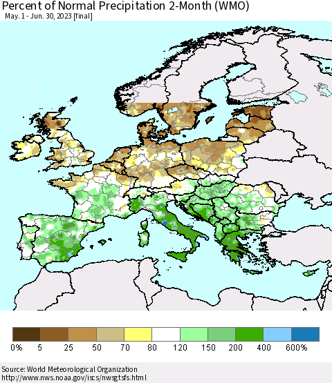 Europe Percent of Normal Precipitation 2-Month (WMO) Thematic Map For 5/1/2023 - 6/30/2023