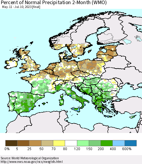 Europe Percent of Normal Precipitation 2-Month (WMO) Thematic Map For 5/11/2023 - 7/10/2023