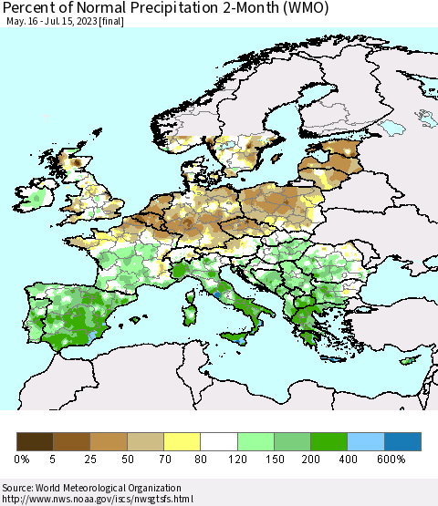 Europe Percent of Normal Precipitation 2-Month (WMO) Thematic Map For 5/16/2023 - 7/15/2023