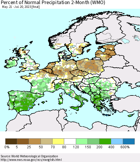 Europe Percent of Normal Precipitation 2-Month (WMO) Thematic Map For 5/21/2023 - 7/20/2023