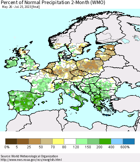 Europe Percent of Normal Precipitation 2-Month (WMO) Thematic Map For 5/26/2023 - 7/25/2023