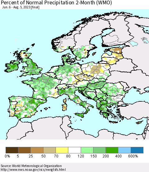 Europe Percent of Normal Precipitation 2-Month (WMO) Thematic Map For 6/6/2023 - 8/5/2023
