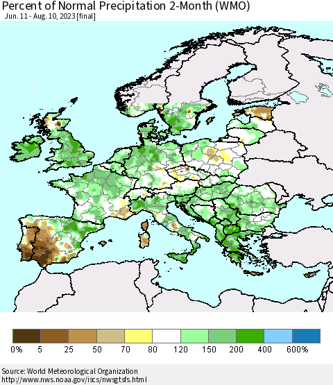 Europe Percent of Normal Precipitation 2-Month (WMO) Thematic Map For 6/11/2023 - 8/10/2023