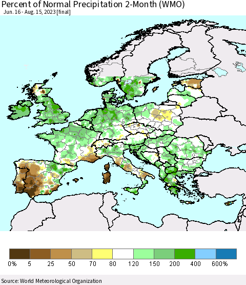 Europe Percent of Normal Precipitation 2-Month (WMO) Thematic Map For 6/16/2023 - 8/15/2023