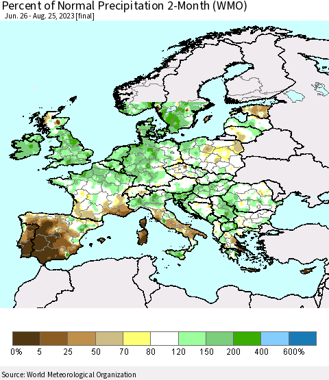 Europe Percent of Normal Precipitation 2-Month (WMO) Thematic Map For 6/26/2023 - 8/25/2023