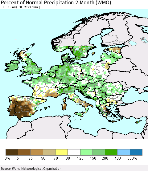 Europe Percent of Normal Precipitation 2-Month (WMO) Thematic Map For 7/1/2023 - 8/31/2023