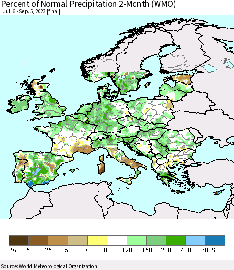 Europe Percent of Normal Precipitation 2-Month (WMO) Thematic Map For 7/6/2023 - 9/5/2023