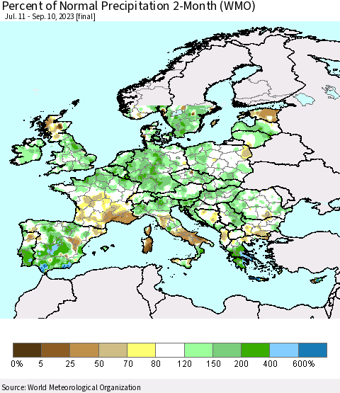Europe Percent of Normal Precipitation 2-Month (WMO) Thematic Map For 7/11/2023 - 9/10/2023