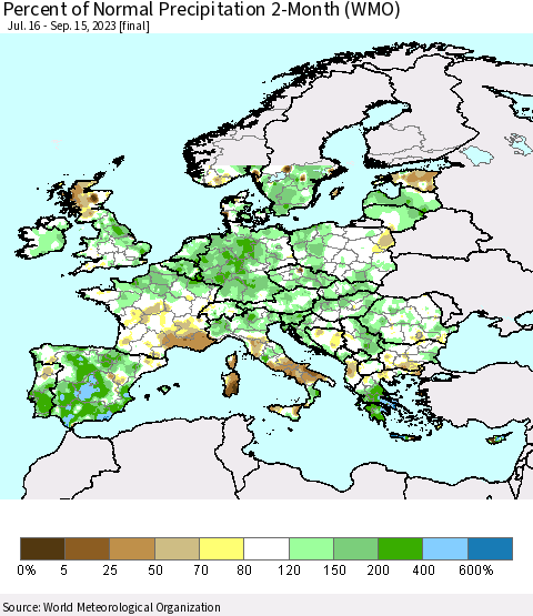 Europe Percent of Normal Precipitation 2-Month (WMO) Thematic Map For 7/16/2023 - 9/15/2023