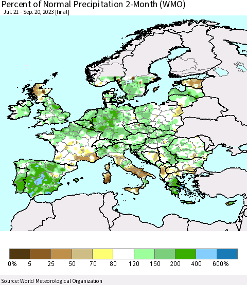 Europe Percent of Normal Precipitation 2-Month (WMO) Thematic Map For 7/21/2023 - 9/20/2023