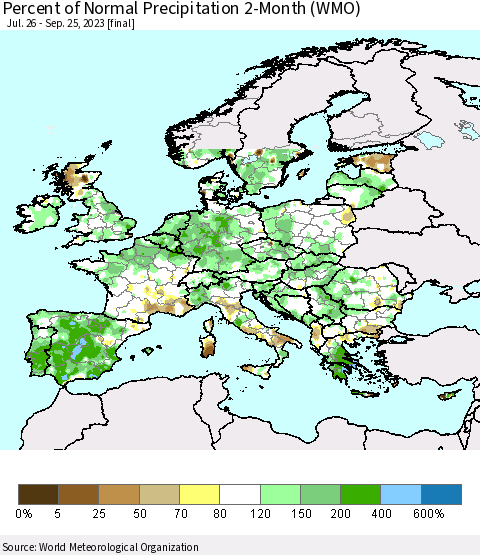 Europe Percent of Normal Precipitation 2-Month (WMO) Thematic Map For 7/26/2023 - 9/25/2023