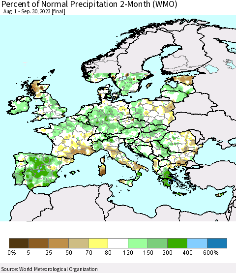 Europe Percent of Normal Precipitation 2-Month (WMO) Thematic Map For 8/1/2023 - 9/30/2023