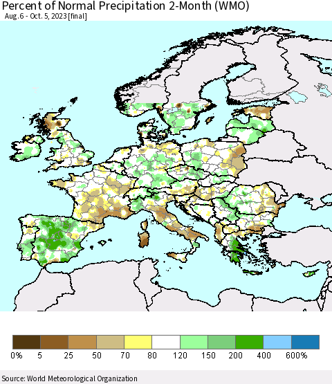 Europe Percent of Normal Precipitation 2-Month (WMO) Thematic Map For 8/6/2023 - 10/5/2023