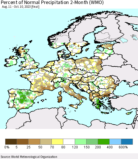 Europe Percent of Normal Precipitation 2-Month (WMO) Thematic Map For 8/11/2023 - 10/10/2023
