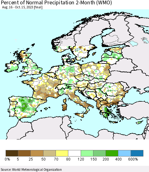 Europe Percent of Normal Precipitation 2-Month (WMO) Thematic Map For 8/16/2023 - 10/15/2023