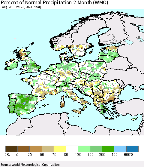 Europe Percent of Normal Precipitation 2-Month (WMO) Thematic Map For 8/26/2023 - 10/25/2023