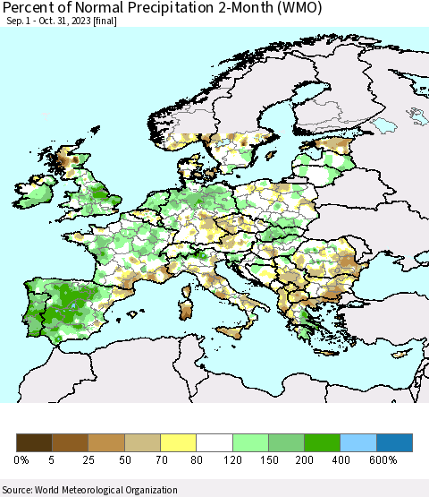 Europe Percent of Normal Precipitation 2-Month (WMO) Thematic Map For 9/1/2023 - 10/31/2023