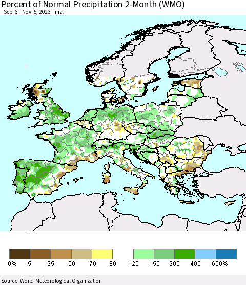 Europe Percent of Normal Precipitation 2-Month (WMO) Thematic Map For 9/6/2023 - 11/5/2023
