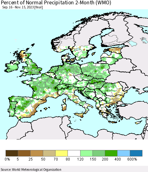 Europe Percent of Normal Precipitation 2-Month (WMO) Thematic Map For 9/16/2023 - 11/15/2023