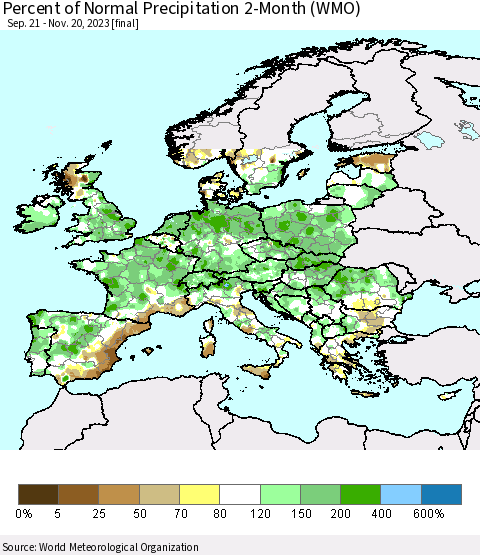 Europe Percent of Normal Precipitation 2-Month (WMO) Thematic Map For 9/21/2023 - 11/20/2023