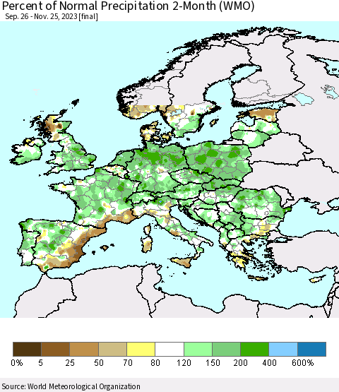 Europe Percent of Normal Precipitation 2-Month (WMO) Thematic Map For 9/26/2023 - 11/25/2023