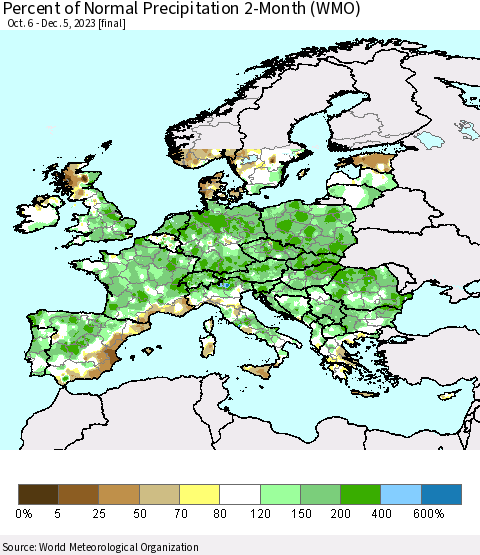 Europe Percent of Normal Precipitation 2-Month (WMO) Thematic Map For 10/6/2023 - 12/5/2023