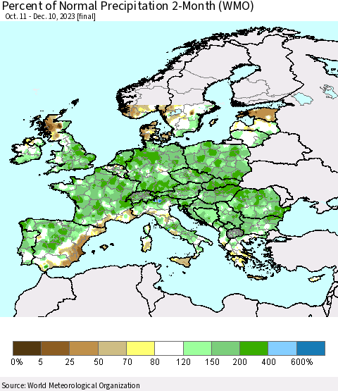 Europe Percent of Normal Precipitation 2-Month (WMO) Thematic Map For 10/11/2023 - 12/10/2023