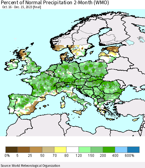 Europe Percent of Normal Precipitation 2-Month (WMO) Thematic Map For 10/16/2023 - 12/15/2023