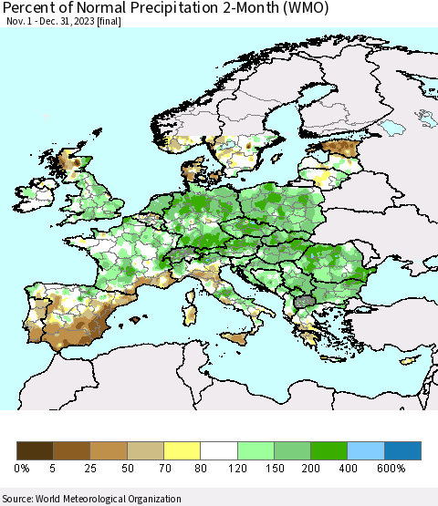 Europe Percent of Normal Precipitation 2-Month (WMO) Thematic Map For 11/1/2023 - 12/31/2023
