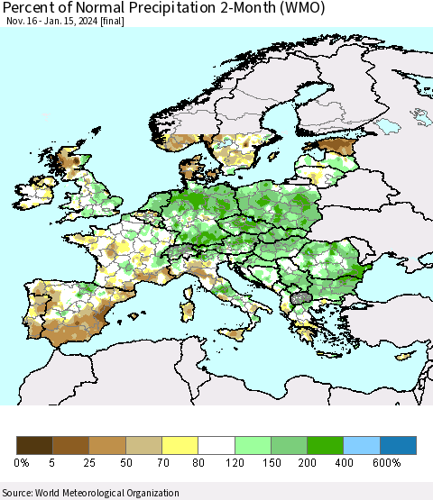 Europe Percent of Normal Precipitation 2-Month (WMO) Thematic Map For 11/16/2023 - 1/15/2024