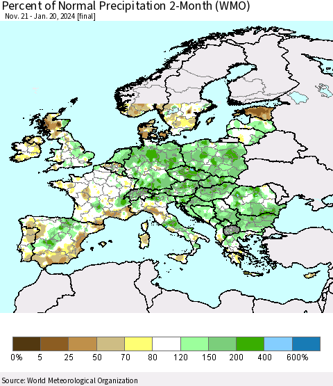 Europe Percent of Normal Precipitation 2-Month (WMO) Thematic Map For 11/21/2023 - 1/20/2024