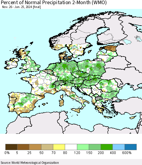 Europe Percent of Normal Precipitation 2-Month (WMO) Thematic Map For 11/26/2023 - 1/25/2024
