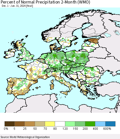 Europe Percent of Normal Precipitation 2-Month (WMO) Thematic Map For 12/1/2023 - 1/31/2024