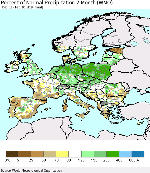 Europe Percent of Normal Precipitation 2-Month (WMO) Thematic Map For 12/11/2023 - 2/10/2024