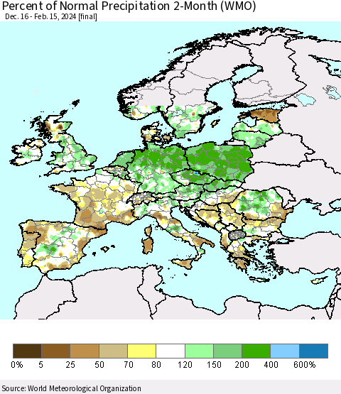 Europe Percent of Normal Precipitation 2-Month (WMO) Thematic Map For 12/16/2023 - 2/15/2024