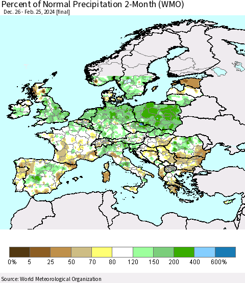 Europe Percent of Normal Precipitation 2-Month (WMO) Thematic Map For 12/26/2023 - 2/25/2024