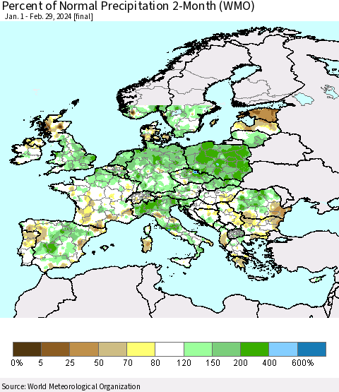 Europe Percent of Normal Precipitation 2-Month (WMO) Thematic Map For 1/1/2024 - 2/29/2024