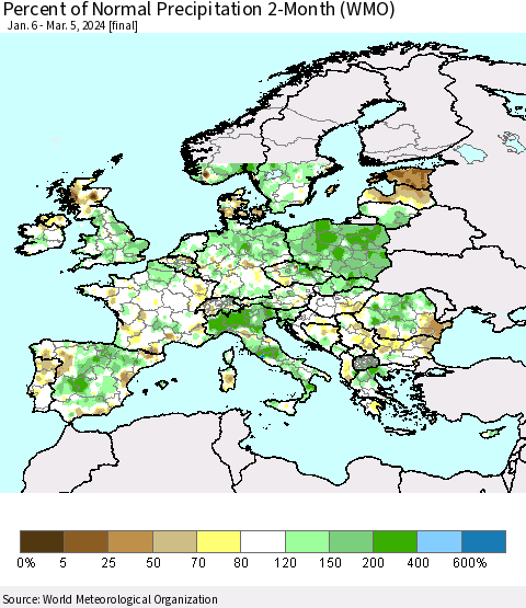 Europe Percent of Normal Precipitation 2-Month (WMO) Thematic Map For 1/6/2024 - 3/5/2024