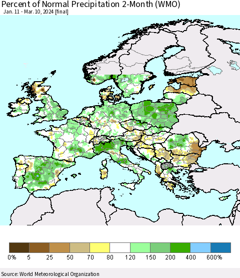 Europe Percent of Normal Precipitation 2-Month (WMO) Thematic Map For 1/11/2024 - 3/10/2024