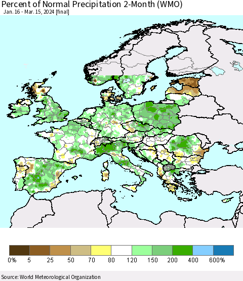 Europe Percent of Normal Precipitation 2-Month (WMO) Thematic Map For 1/16/2024 - 3/15/2024