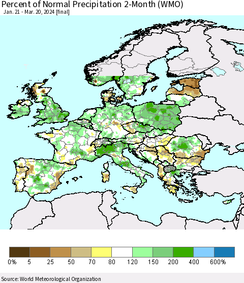 Europe Percent of Normal Precipitation 2-Month (WMO) Thematic Map For 1/21/2024 - 3/20/2024