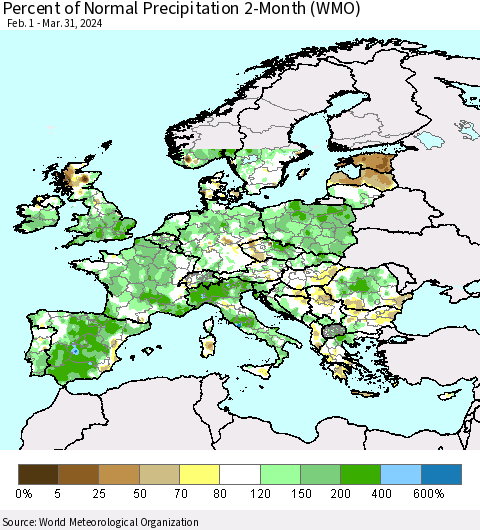 Europe Percent of Normal Precipitation 2-Month (WMO) Thematic Map For 2/1/2024 - 3/31/2024