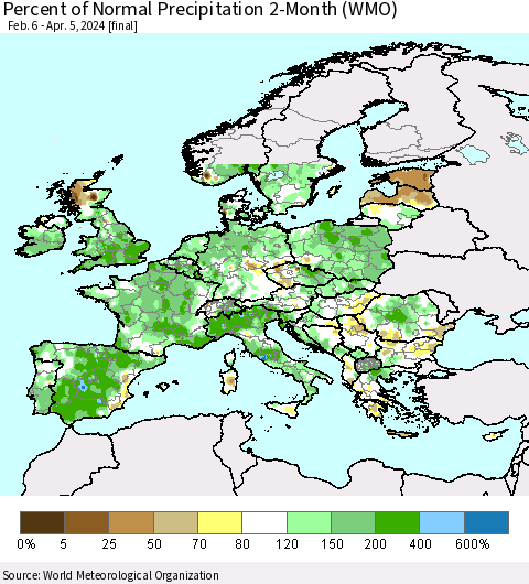Europe Percent of Normal Precipitation 2-Month (WMO) Thematic Map For 2/6/2024 - 4/5/2024