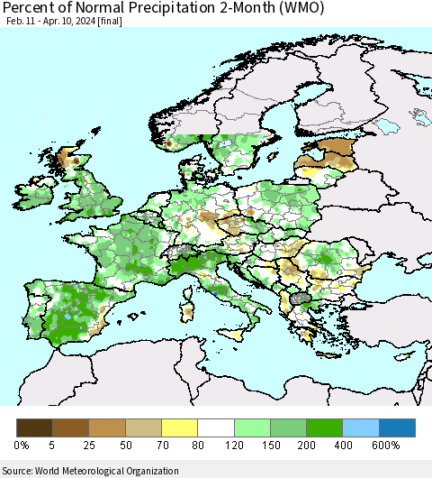 Europe Percent of Normal Precipitation 2-Month (WMO) Thematic Map For 2/11/2024 - 4/10/2024