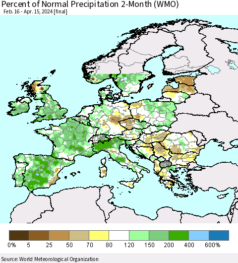 Europe Percent of Normal Precipitation 2-Month (WMO) Thematic Map For 2/16/2024 - 4/15/2024