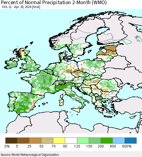 Europe Percent of Normal Precipitation 2-Month (WMO) Thematic Map For 2/21/2024 - 4/20/2024