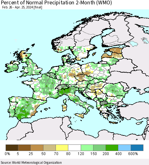 Europe Percent of Normal Precipitation 2-Month (WMO) Thematic Map For 2/26/2024 - 4/25/2024