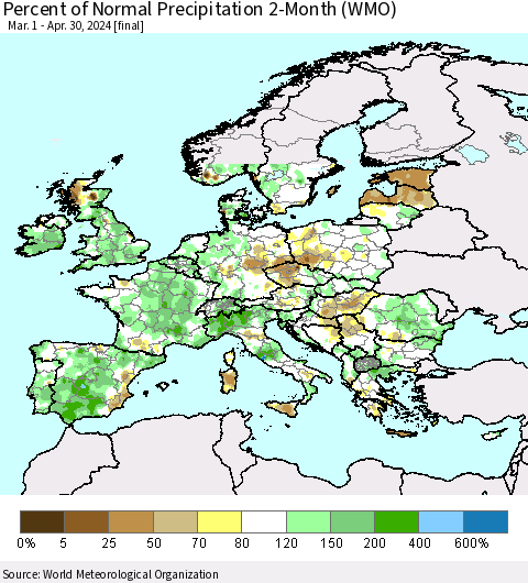 Europe Percent of Normal Precipitation 2-Month (WMO) Thematic Map For 3/1/2024 - 4/30/2024