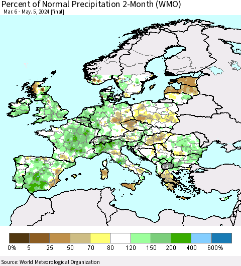 Europe Percent of Normal Precipitation 2-Month (WMO) Thematic Map For 3/6/2024 - 5/5/2024