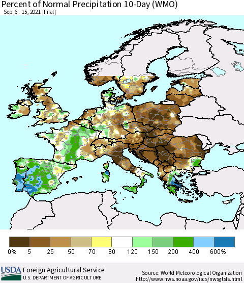 Europe Percent of Normal Precipitation 10-Day (WMO) Thematic Map For 9/6/2021 - 9/15/2021
